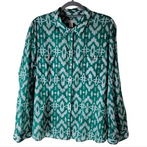 Chico’s geometric print button down blouse green white size 3 XL 16